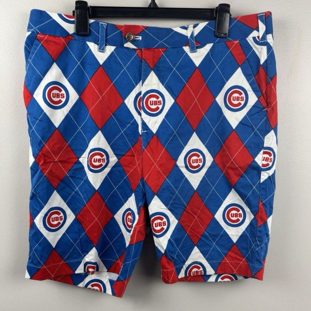 Loudmouth Golf Mens Sz 38 MLB Chicago Cubs Baseball Argyle Allover Print Shorts